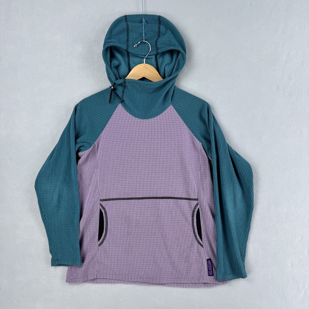 Melanzana Hoodie Womens Medium Purple Green Grid Fleece Pullover Colorblock